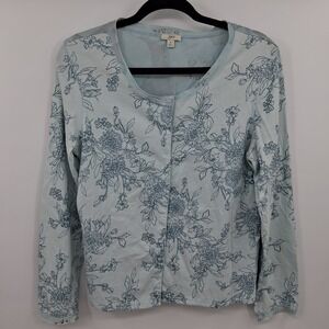 J. Jill Silk and Cotton Blouse Small Icy Blue Floral Snap Front EUC
